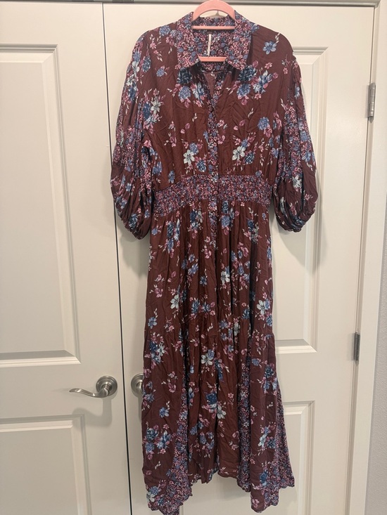 Free People Dresses & Skirts - Free People Brown Maxi Dress with Blue and Pink Floral Print